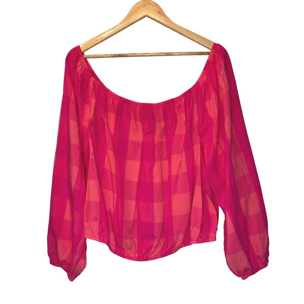 Lane Bryant Pink Orange Gingham Long Sleeve Balloon Cropped Top Plus‎ Size 22/24